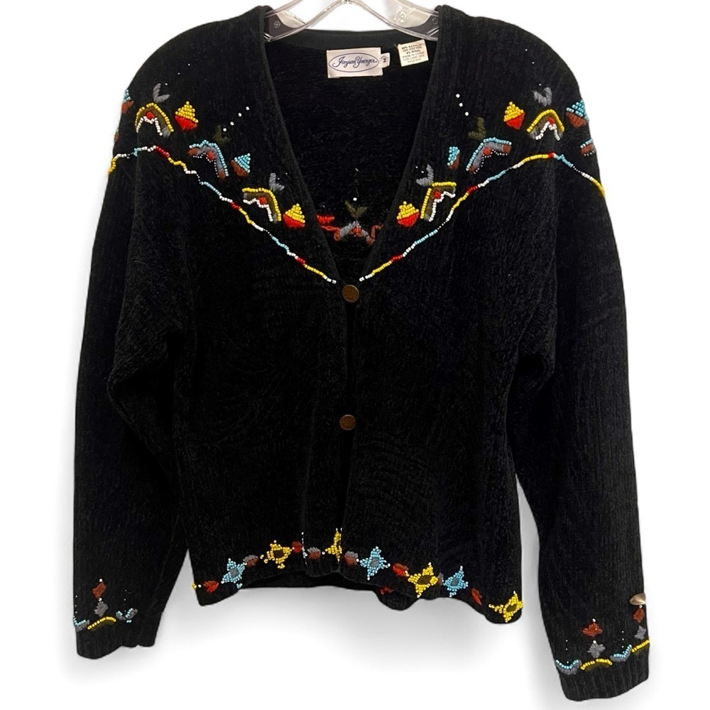 Vintage Jayson Younger Bead Embellished Knit Cardigan Sweater Black Size Medium